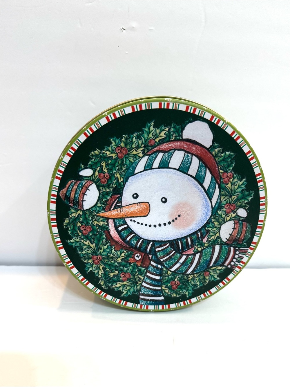 VTG Christmas Snowman Green Metal Tin Holiday Cookie Storage